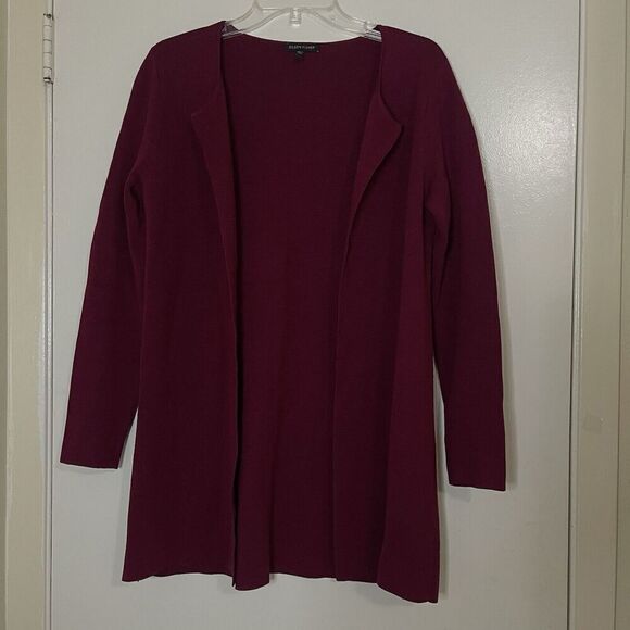 EILEEN FISHER raspberry wine silk open knit long cardigan small - Picture 1 of 4